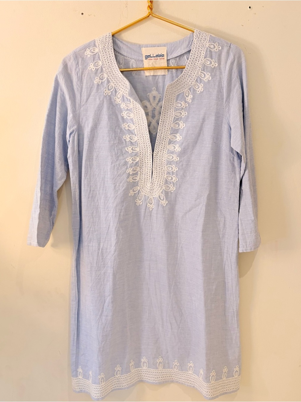 Gallabia Striped Light Blue Embroidered Midi Dress Tunic Sz L